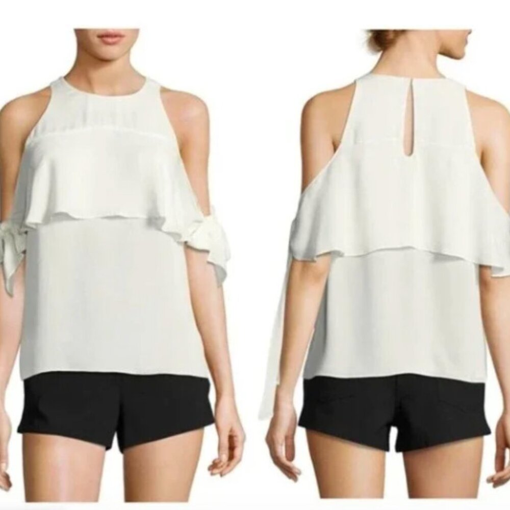 Ramy Brook Penelope Off White Flowy Cold Shoulder Silk Blouse, M